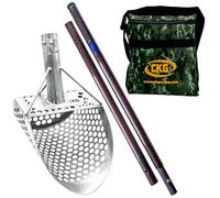CKG Sand Scoop for Metal Detecting 304 Stainless Steel Shovel for Beach Underwater Treasure Hunting + Carbon Handle Pole Scoops Shovel Rod with Long Travel Handle + Free Metal Detecting Pouch - 9x6