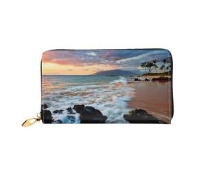 CKGODGF Beach Maui Hawaii Sunset Sea Waves Clouds Print Women's Wallets Leather Wallets Credit Card Holders Zipper Closure Wallets Travel-Friendly Clutches
