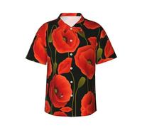 CKGODGF Poppy Flowers Print Men's Summer Shirt,Stylish Hawaiian Short Sleeve Button-Up for Beach and Vacation Black