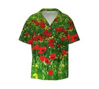 CKGODGF Red Poppy Field Farm Meadow Landscape Print Men's Short-Sleeved,Button-Down Summer Beach Casual Shirt,Casual Loose Shirt,Dress Shirts