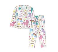 CKGODGF Unicorns Pink Print Ladies Long Sleeve Pajama Set,Comfortable Sleepwear,Classic Button-Down Nightwear