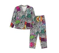 CKGODGF Zebra Print Ladies Long Sleeve Pajama Set,Comfortable Sleepwear,Classic Button-Down Nightwear Black
