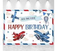 Ckihgenn 7x5ft Airplane Happy Birthday Backdrop, Red & Blue, Vinyl Material, Perfect for Birthday Parties & Photography