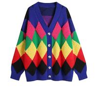 Ckikiou Fall Winter Oversized Long Sleeve Button Color Block Down Chunky Knitted Cardigan Sweater Top for Women, 1# Plaid Blue, One size