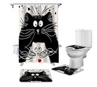CKKHYCD 3D shower curtain set black and white cat toilet cover cover bathroom non-slip mat floor mat