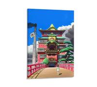 ckklik Anime Poster Art Spirited Away Print Studio Ghibli Decor Fantasy Wall Art Japanese Animation Artwork Chihiro And No-Face Scene Colorful Landscape for Home Gift 16x24inch Framed