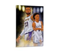 ckklik Basketball Poster Art Sports Wall Decor LeBron James And Young Player Illustration Lakers And Blazers Theme Unique Gifts for Fans Home Office Decoration Gift 16x24inch Framed