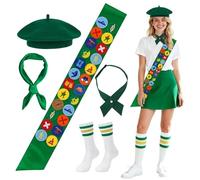 CKryzillix 20 Pcs Halloween Scout Costume Set Include Brown Beret Sash Scarf and Bowtie for Women Party Dress Up with Girl Scout Badge, Girl Scout Uniform Halloween Girl Scout Costume Set(Green)