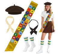 CKryzillix 20 Pcs Halloween Scout Costume Set Include Brown Beret Sash Scarf and Bowtie for Women Party Dress Up with Girl Scout Badge, Girl Scout Uniform Halloween Girl Scout Costume Set(Gold)