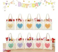 CKryzillix Mini Conversation Heart Bags, 12 Pcs Adorable Valentine's Day Canvas Totes, Reusable Small Gift Goodies Wrapping Pouch for Kids Classroom Exchange, Party Favors & Women Daily Treats(12PCS)