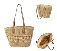 Ckuakiwu Straw bag, straw bag large capacity Great beach capacity closes the zipper closure shoulder fabric for work Purchase the beach summer