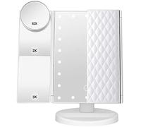 CKurityn Makeup mirror with light, can be 1x 2x 3 x 10 magnification, desktop illuminated makeup mirror, touch control, tri-fold portable LED makeup mirror with two power modes, white
