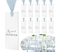 Clabby 12 Pack Reserved Chairs Hanging Signs with Ribbon for Wedding Reception Party Restaurant This Row Is Reserved Signs for Wedding Church Events Pews Chair (Blue)