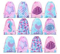 Clabby 12 Pcs Mermaid Drawstring Backpack Bulk Mermaid Party Favor Bags Candy Gifts Treat Bags for Birthday Party Supplies Fish Scales Under the Sea Ocean Theme Decoration