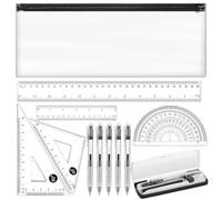 Clabby 12 Pcs Stationery Set Long 32cm Clear Pencil Case with 30cm Ruler Compass Black Gel Ink Pens for Exams School Supplies