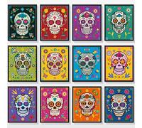 Clabby 12 Pieces Sugar Skull Decor Art Prints Day of the Dead Poster Dia De Muertos Skulls Wall Mexican Theme for Halloween Fiesta Office Party Home Decor, White, 8 x 10 inches