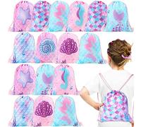 Clabby 16 Pcs Mermaid Drawstring Backpack Bulk Mermaid Party Favor Bags Candy Gifts Goodie Treat Bags for Birthday Under the Sea Ocean Theme Decoration 10 x 12 Inch