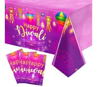 Clabby 3 Pieces Happy Diwali Tablecloths Festival of Lights Party Table Cover Decor Plastic Rectangle Diwali Tablecloth for Happy Diwali Party Indian Deepavali Lights Diyas Decor Supplies