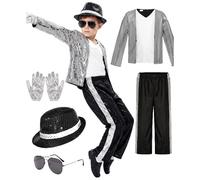 Clacce Kids Retro Pop Star Costume Set Striped Jacket Shiny Gold Pants With White Hat And Necktie 80s 90s Music Icon For Halloween Party Stage Performance And Fancy Dress (8-10 Years)