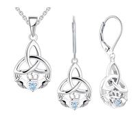 Claddagh Celtic Knot Necklace Dangle Drop Earrings Created Aquamarine Jewellery Set