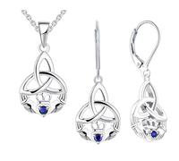 Claddagh Celtic Knot Necklace Dangle Drop Earrings Created Sapphire Jewellery Set