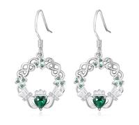 Claddagh Earrings for Women 925 Sterling Silver Celtic Knot Clover Irish Earrings Dangle ST Patricks Day Green May Birthstone Jewelry Gifts for Mom