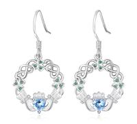 Claddagh Earrings for Women 925 Sterling Silver Celtic Knot Clover Irish Earrings Dangle ST Patricks Day Blue March Birthstone Jewelry Gifts for Mom