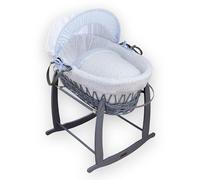 Clair de Lune Stars & Stripes Grey Wicker Moses Basket and Deluxe Stand, Blue