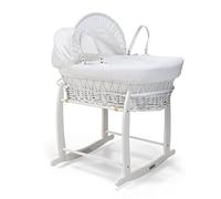 Clair de Lune Waffle White Wicker Moses Basket & Deluxe Rocking St& Including 1x Adjustable, Removable Hood, 2x Carry, Hypoallergenic Fibre Mattress (White), (CL4637WBE/4281WE)