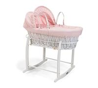 Clair de Lune Waffle White Wicker Moses Basket with White Deluxe Rocking Stand - 68 x 30 cm (Pink)