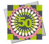 Claire Giles Greeting Cards, Age 50 Birthday Card, Happy 50th Birthday, Chequers design and Embellished with pompoms