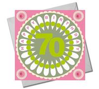 Claire Giles Greeting Cards, Age 70 Birthday Card, Happy 70th Birthday, Flower Power design and Embellished with pompoms