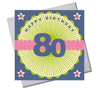 Claire Giles Greeting Cards, Age 80 Birthday Card, Happy 80th Birthday, Wheel starburst design and Embellished with pompoms