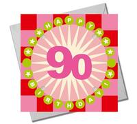 Claire Giles Greeting Cards, Age 90 Birthday Card, Happy 90th Birthday, Starburst design and Embellished with pompoms
