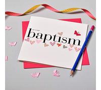 Claire Giles Greeting Cards, Baby Baptism Card, Pink Hearts design On Your Baptism, Embellished with a Fabric Butterfly