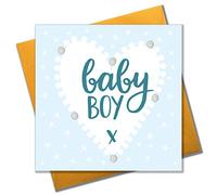 Claire Giles Greeting Cards, Baby Card, Blue Heart Design Baby Boy Congratulations Birth Card, Embellished with Colourful Pompoms
