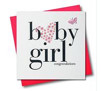 Claire Giles Greeting Cards, Baby Card, Pink Heart design Baby Girl Congratulations Card, Embellished with a Fabric Butterfly