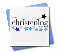 Claire Giles Greeting Cards, Baby Christening Card, Blue Stars design Congratulations Baptism Card, Embellished with a padded star