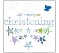 Claire Giles Greeting Cards, Baby Christening Card, Blue Stars Design, "with Love on Your Christening"