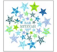 Claire Giles Greeting Cards, Bar Mitzvah Card, Blue and Green Circle of Stars design, Mazel Tov Good Luck and Congratulations