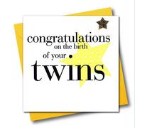 Claire Giles Greeting Cards, Congratulations on the birth of your Twins Card, Yellow Star Twin Baby Greeting Card, Embellished with a Padded Star