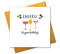 Claire Giles Greeting Cards, Everyday General Greeting Card, Cocktail Glasses design Birthday or General Card, Embellished with colourful pompoms