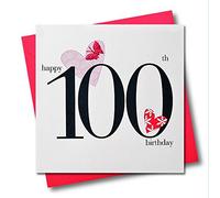 Claire Giles Greeting Cards, Happy 100th Birthday Card, Pink Hearts Age 100 Greeting Card, Embellished with a Fabric Butterfly
