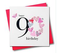 Claire Giles Greeting Cards, Happy 90th Birthday Card, Pink Hearts Age 90 Greeting Card, Embellished with a Fabric Butterfly