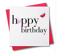 Claire Giles Greeting Cards, Happy Birthday Card, Hearts Pink Greeting Card, Embellished with a Fabric Butterfly