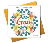 Claire Giles Greeting Cards, Happy Birthday Gran Card, Floral Pattern design Grandmother Birthday Greeting Card, Embellished with colourful Pompoms
