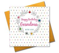 Claire Giles Greeting Cards, Happy Birthday Grandma Card, Dots and flowers design Grandmother Birthday Card, Embellished with colourful Pompoms