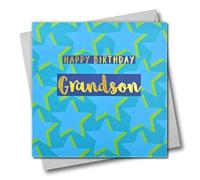 Claire Giles Greeting Cards, Happy Birthday Grandson Card, Blue Stars Design Greeting Card, Text Foiled in Shiny Gold
