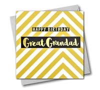 Claire Giles Greeting Cards, Happy Birthday Great Grandad Card, Yellow Chevrons Design Birthday Greeting Card, Text Foiled in Shiny Gold