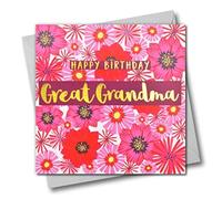 Claire Giles Greeting Cards, Happy Birthday Great Grandma Card, Pink Flowers Design Birthday Greeting Card, Text Foiled in Shiny Gold